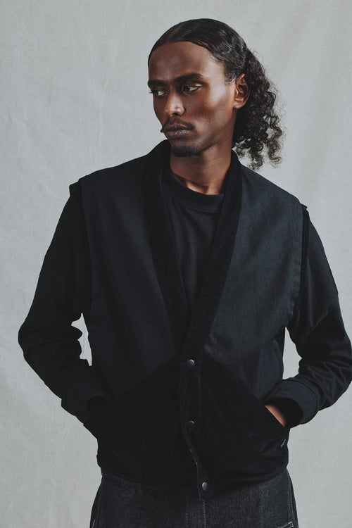 Gilet Mélange Alcantara & Sergé Coton Col Kimono Noir