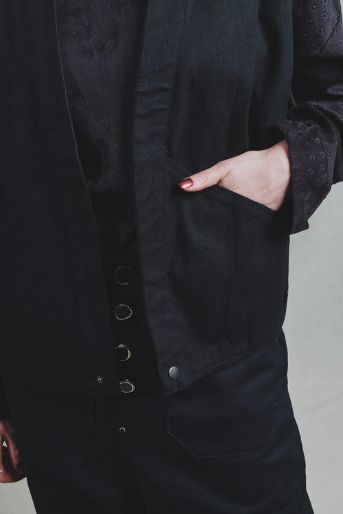 Gilet Toile Coton Noir Plis Épaules Poches Signature Galileo