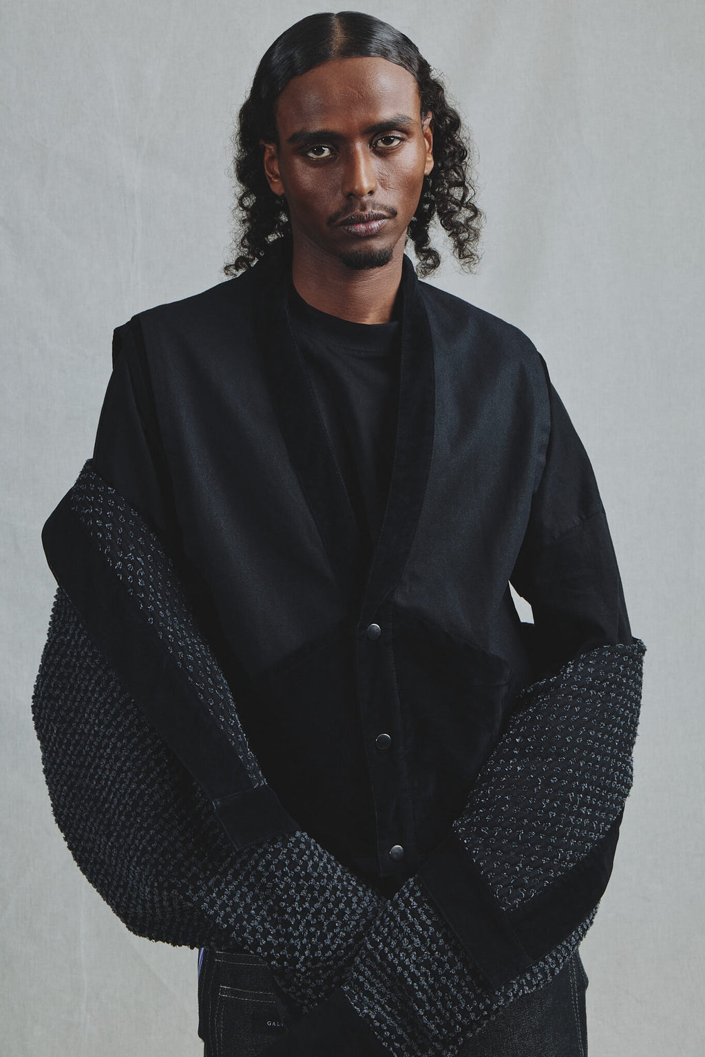 Gilet Mélange Alcantara & Sergé Coton Col Kimono Noir