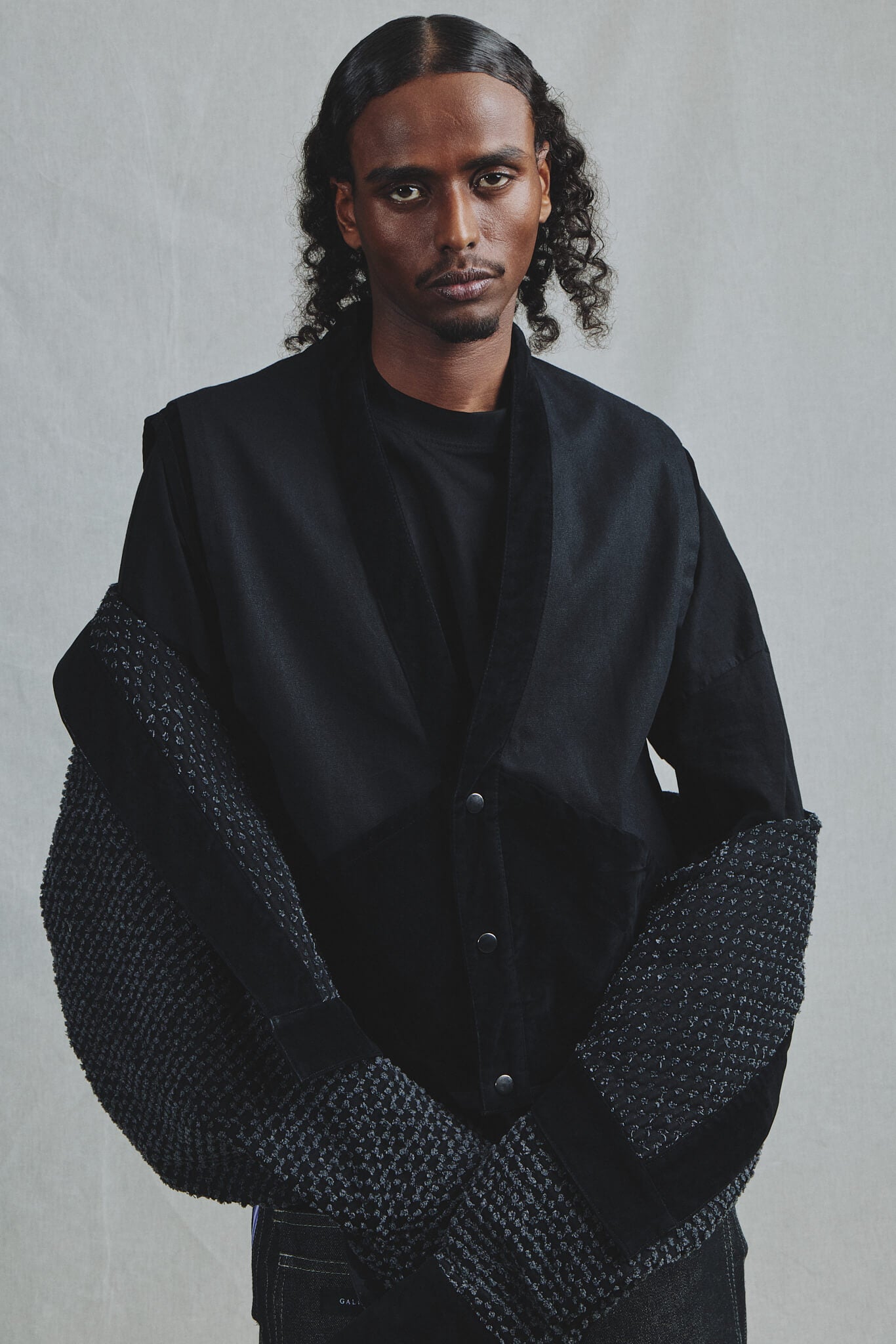 Gilet Mélange Alcantara & Sergé Coton Col Kimono Noir