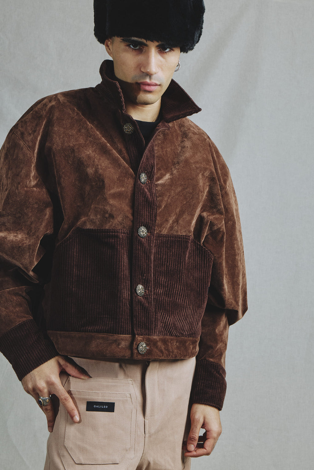 Veste Oversize Alcantara et Velours Côtelé Marron