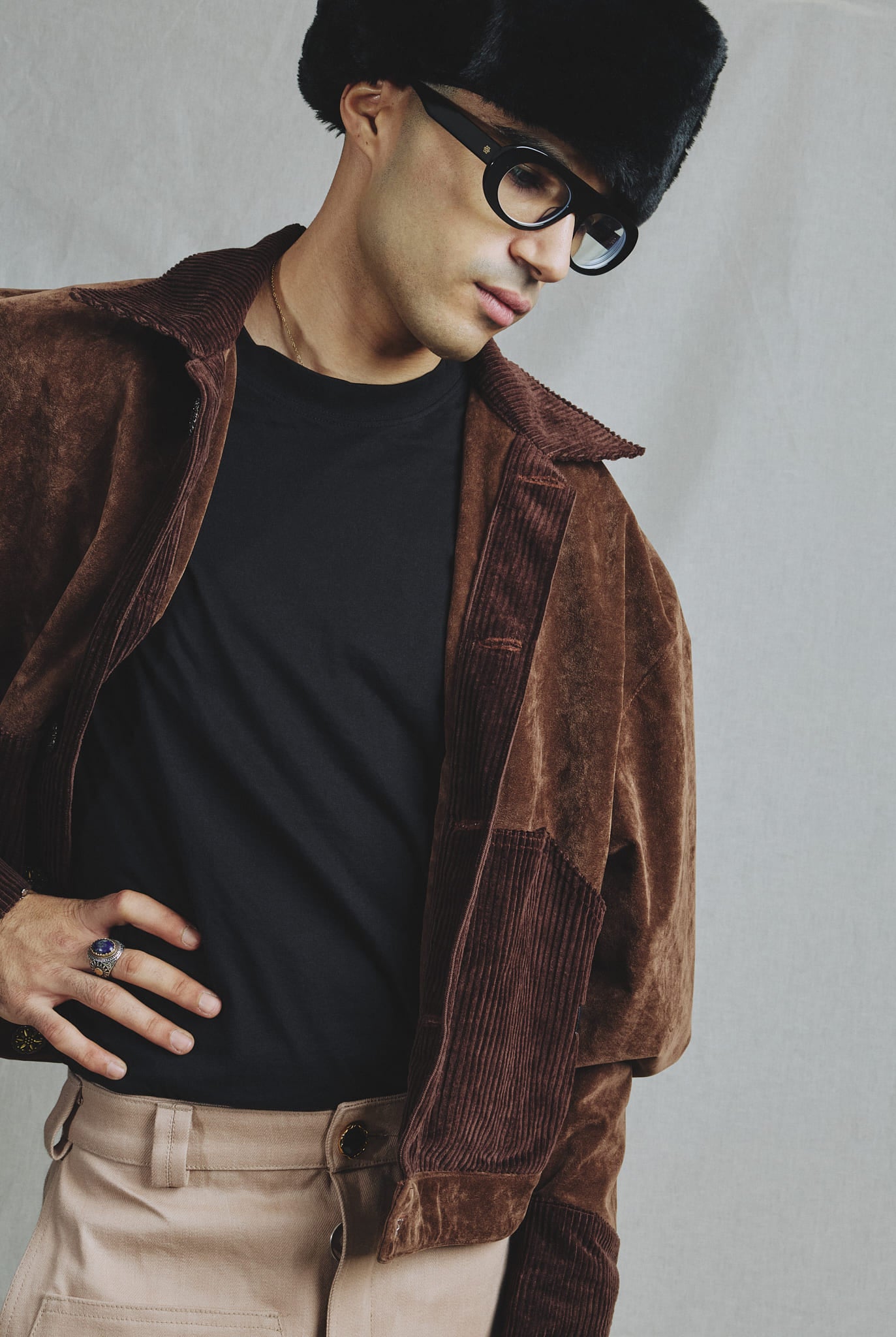 Veste Oversize Alcantara et Velours Côtelé Marron