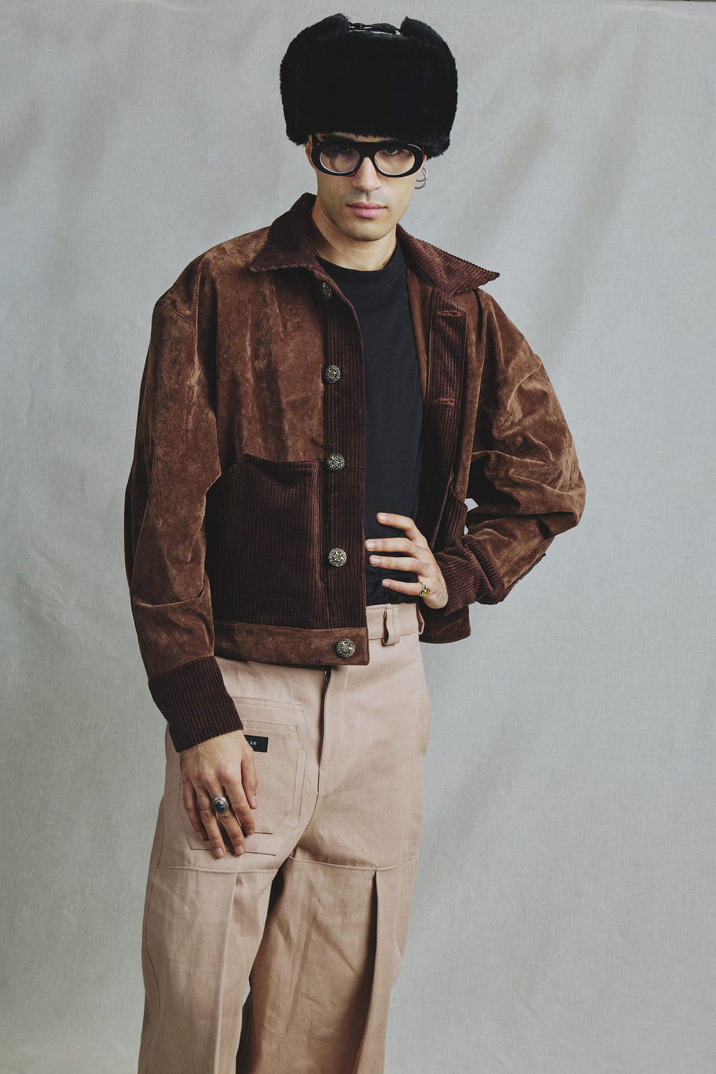 Veste Oversize Alcantara et Velours Côtelé Marron