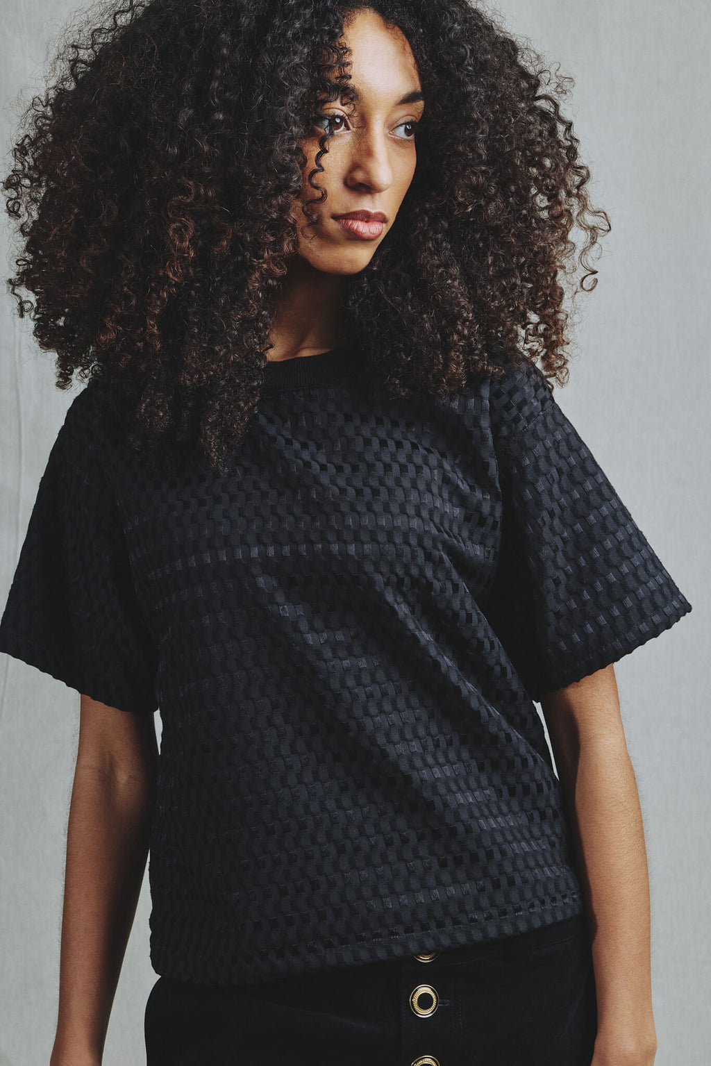 T-Shirt Crop Oversize Relief Quadrillé Noir Pièce Unique