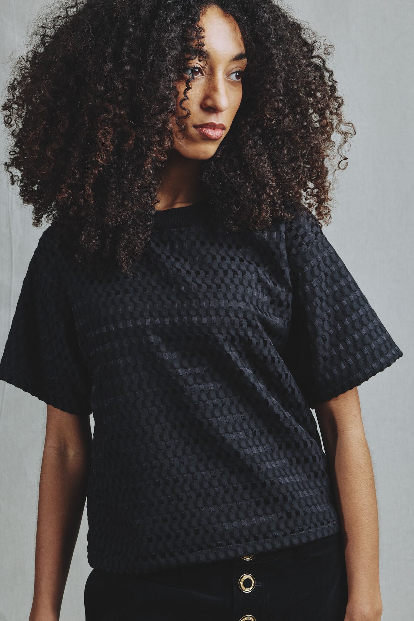 T-Shirt Crop Oversize Relief Quadrillé Noir Pièce Unique