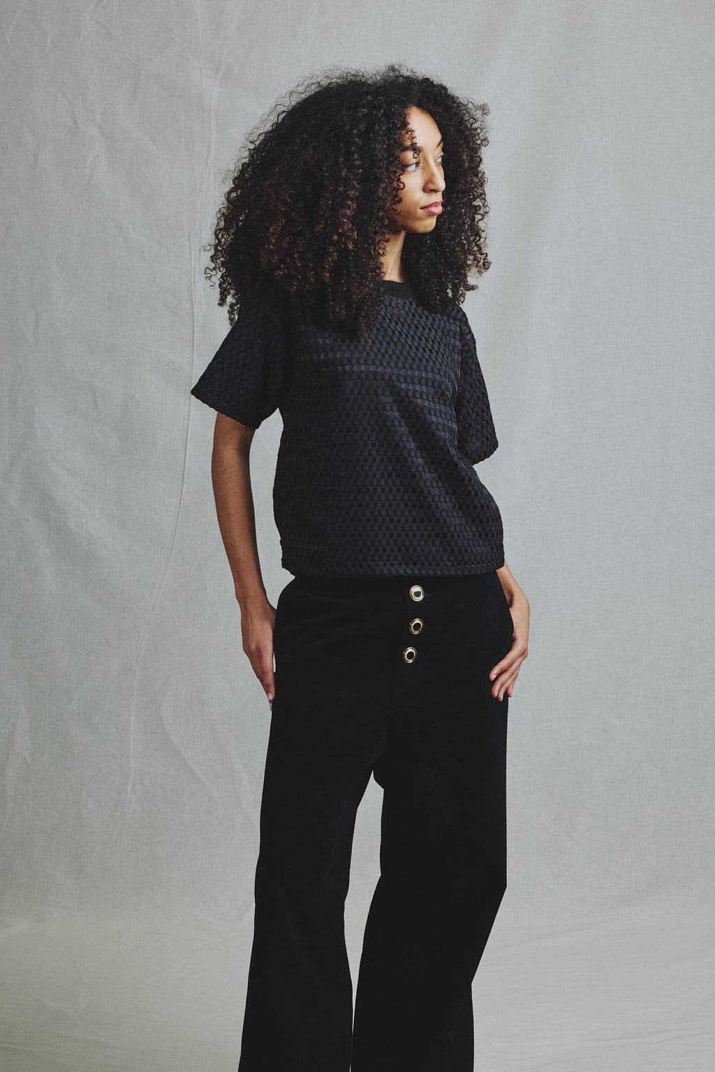 T-Shirt Crop Oversize Relief Quadrillé Noir Pièce Unique