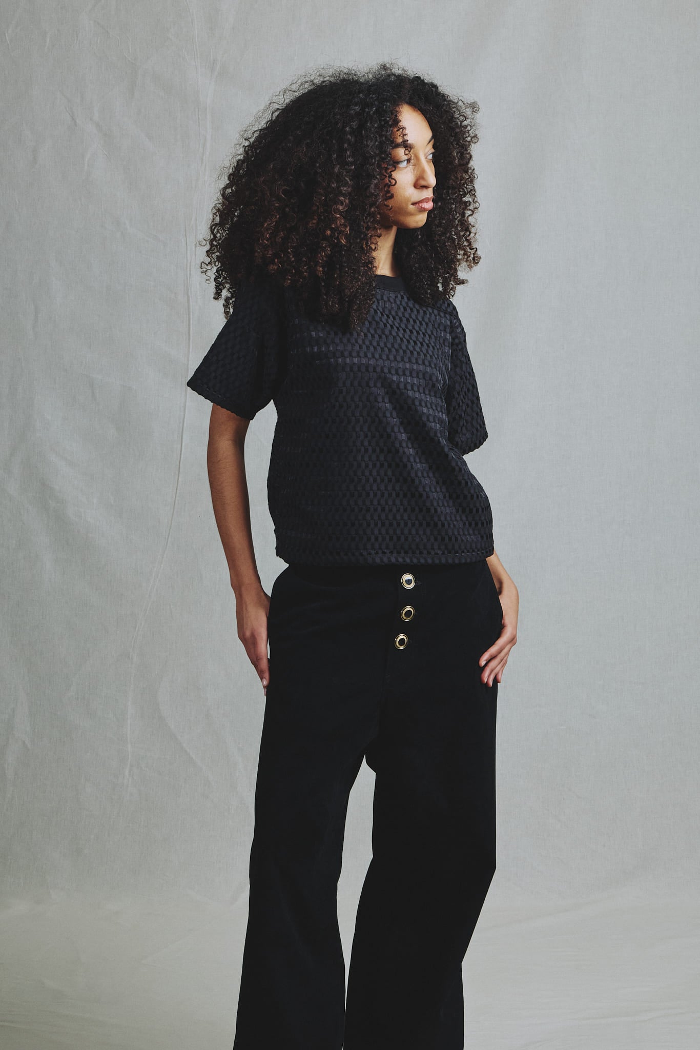 T-Shirt Crop Oversize Relief Quadrillé Noir Pièce Unique