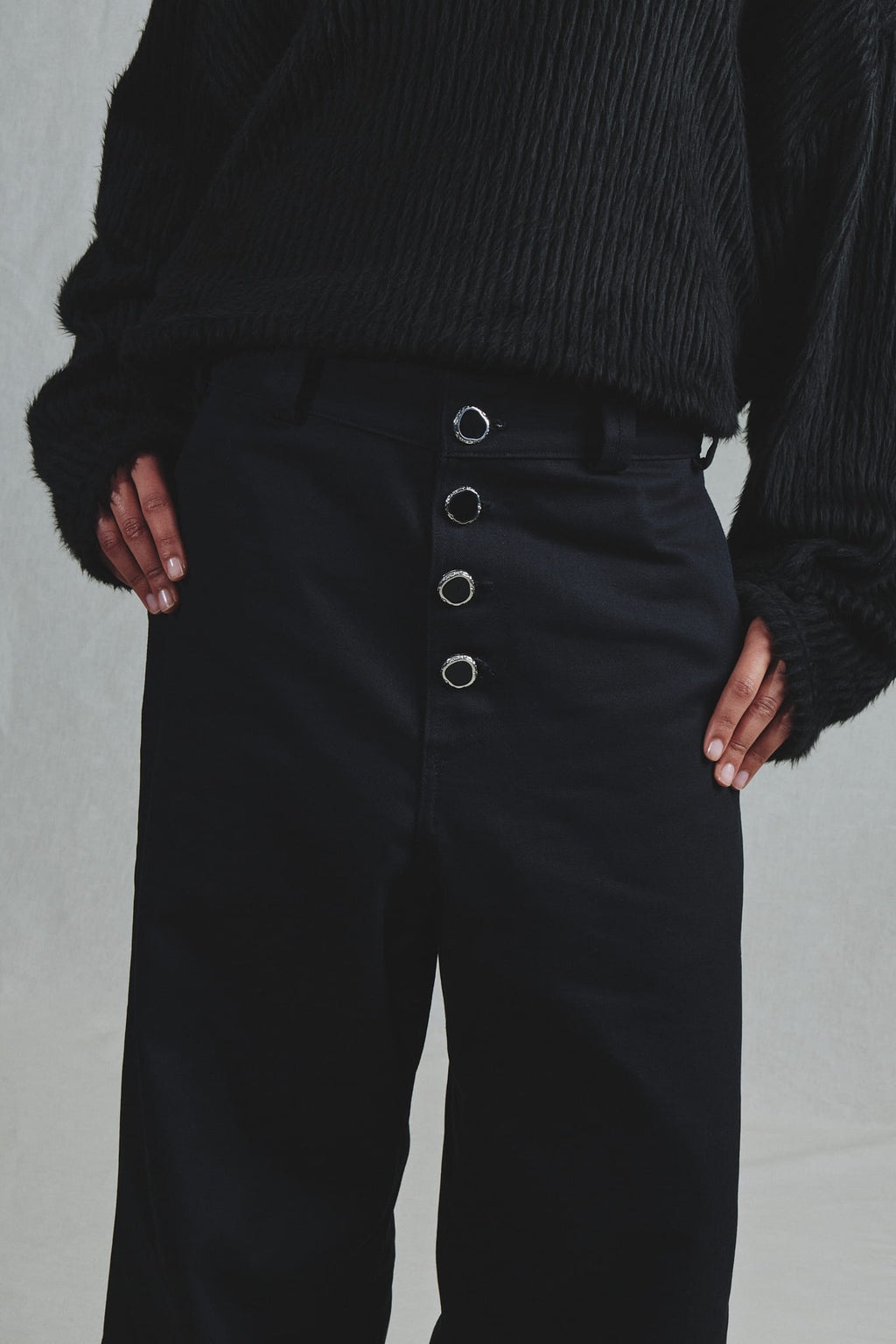 Pantalon Toile Coton Noir Évasé Boutons Bijoux Taille Adaptable