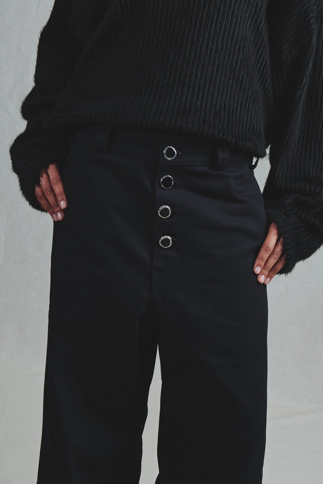 Pantalon Toile Coton Noir Évasé Boutons Bijoux Taille Adaptable