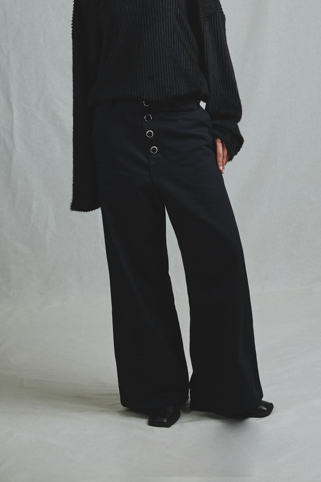 Pantalon Toile Coton Noir Évasé Boutons Bijoux Taille Adaptable
