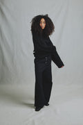 Pantalon Toile Coton Noir Évasé Boutons Bijoux Taille Adaptable